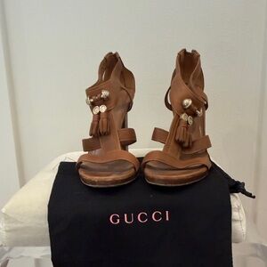 Gucci Tan Leather Tassel High-Heel Sandals